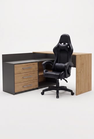 ⁨Zestaw BIURKO DANY Narożne ANTRACYT / DĄB ARTISAN + Fotel REMUS CZARNY⁩ w sklepie Wasserman.eu