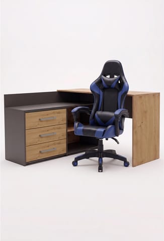 ⁨Zestaw BIURKO DANY Narożne ANTRACYT / DĄB ARTISAN + Fotel REMUS NIEBIESKI⁩ w sklepie Wasserman.eu