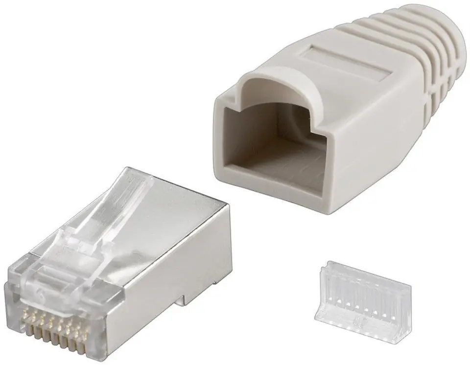 ⁨Goobay 68746 RJ45 plug, CAT 5e STP shielded with strain-relief boot, grey⁩ w sklepie Wasserman.eu