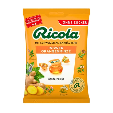 ⁨Ricola Ingwer & Orangenminze Cukierki bez Cukru Imbir, Pomarańcza, Mięta 75 g⁩ w sklepie Wasserman.eu