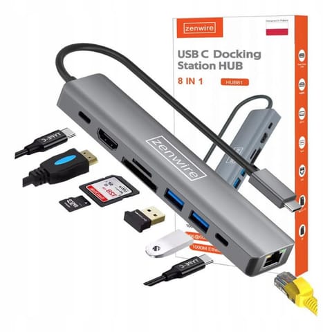 ⁨HUB USB-C Przejściówka ADAPTER 8w1 HDMI 2.0 4K 60 Hz Gigabit Ethernet 1000 Mbps Zenwire HUB81⁩ w sklepie Wasserman.eu