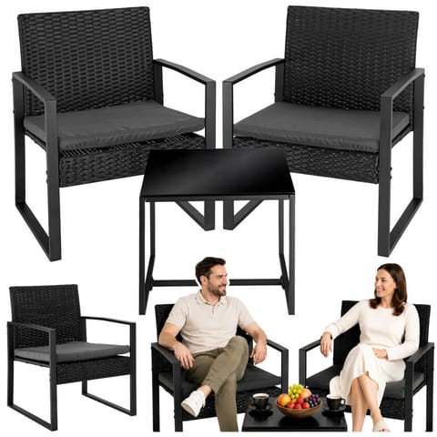 ⁨Zestaw Meble Ogrodowe Rattan Dwa Krzesła Stolik Na Taras Balkon Czarne⁩ w sklepie Wasserman.eu