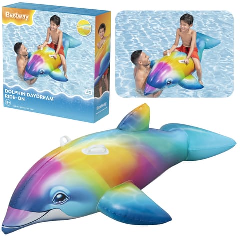 ⁨Dmuchany Delfin Do Pływania Tęczowy Dolphin Daydream Ride-On Bestway 41541⁩ w sklepie Wasserman.eu