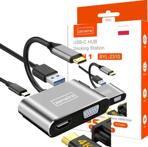 ⁨ADAPTER HUB Przejściówka USB-C 4W1 HDMI 4K VGA USB Zenwire BYL-2310⁩ w sklepie Wasserman.eu