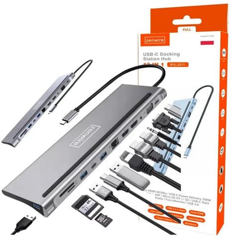 ⁨HUB ADAPTER USB-C 12w1 Stacja Dokująca 2x HDMI 4K ETHERNET RJ45 USB 3.0 BYL-2211⁩ w sklepie Wasserman.eu