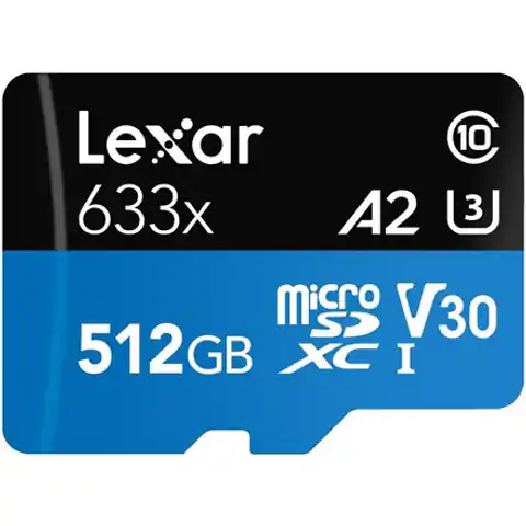 ⁨Lexar High-Performance 633x UHS-I MicroSDXC, 512 GB, Flash memory class 10, Black/Blue, Class: A2 V30 U3, 70 MB/s, 100 MB/s⁩ at Wasserman.eu