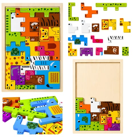 ⁨Drewniane Puzzle Łamigłówka Układanka Logiczna Zwierzęta Kolorowe 20 el.⁩ w sklepie Wasserman.eu