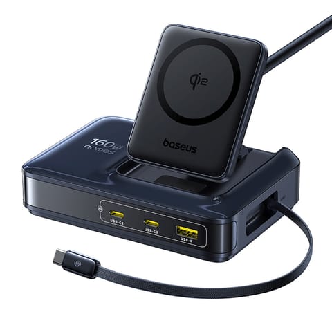 ⁨Stacja ładująca 5w1 bezprzewodowa USB-A USB-C ze zwijanym kablem Qi2 160W - czarna⁩ w sklepie Wasserman.eu