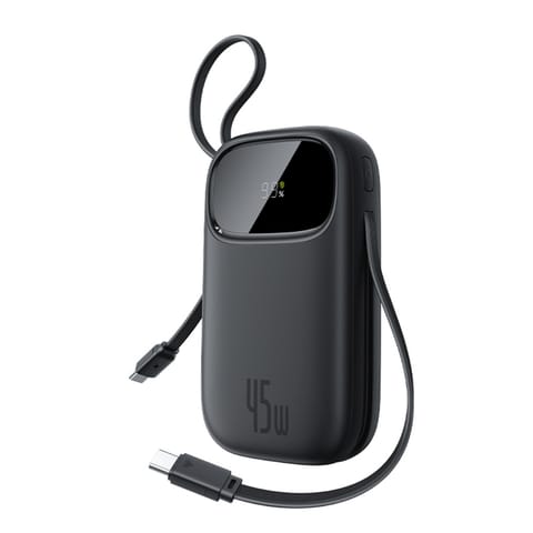 ⁨Powerbank 20000mAh USB-A USB-C z wyświetlaczem i 2 wbudowanymi kablami 45W - czarny⁩ w sklepie Wasserman.eu