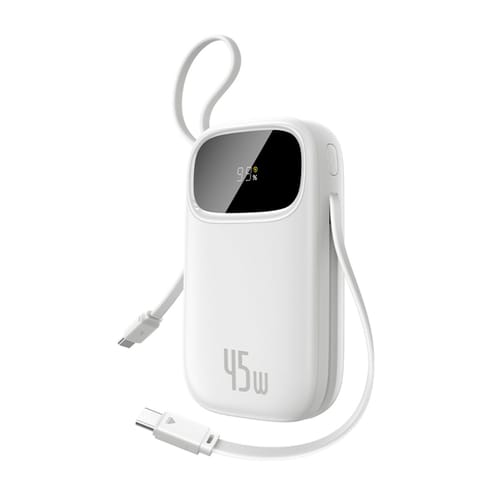 ⁨Powerbank 20000mAh USB-A USB-C z wyświetlaczem i 2 wbudowanymi kablami 45W - biały⁩ w sklepie Wasserman.eu