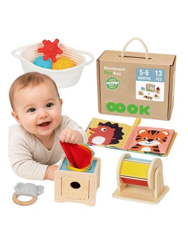 ⁨WOOPIE GREEN Box Pudełko XXL Montessori Edukacyjne 6w1 Sensoryczne 5-6 Miesięcy 13el. FSC⁩ w sklepie Wasserman.eu