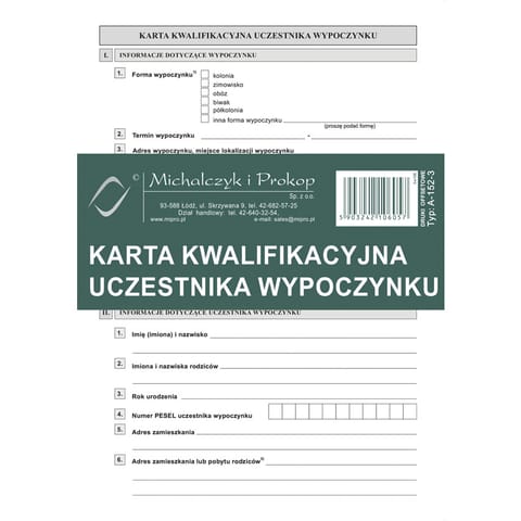 ⁨A-152-3 Karta kwalifikacyjna uczestnika wypoczynku A5 Michalczyk i Prokop⁩ w sklepie Wasserman.eu