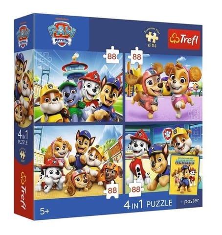 ⁨Puzzle 4w1 Psi Patrol - Psia straż + plakat TREFL⁩ w sklepie Wasserman.eu