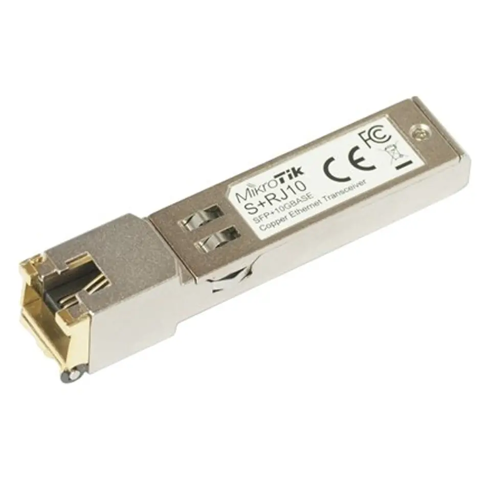 ⁨MikroTik S+RJ10 SFP+, Copper, RJ-45, 10/100/1000/10000 Mbit/s, Maximum transfer distance 200 m, COMPATIBLE ONLY WITH ACTIVE COOLING SWITCHES (DISCONNECTS WITH PASSIVE COOLING SWITCHES), -20 to +60C⁩ at Wasserman.eu