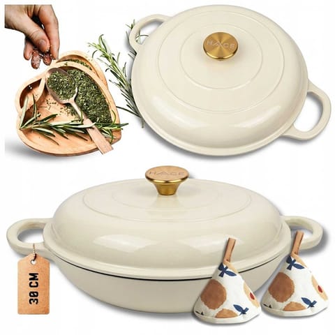 ⁨EMALIOWANY GARNEK ŻELIWNY PŁASKI 30cm 3L HAGE CREAM⁩ w sklepie Wasserman.eu