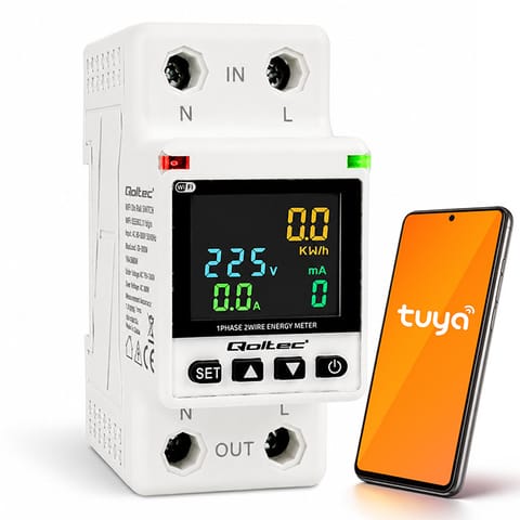 ⁨Qoltec Jednofazowy elektroniczny licznik watomierz | miernik zużycia energii | DIN35 | Zdalne sterowanie | Historia pomiaru | Wi-fi | TUYA | Smart life⁩ w sklepie Wasserman.eu