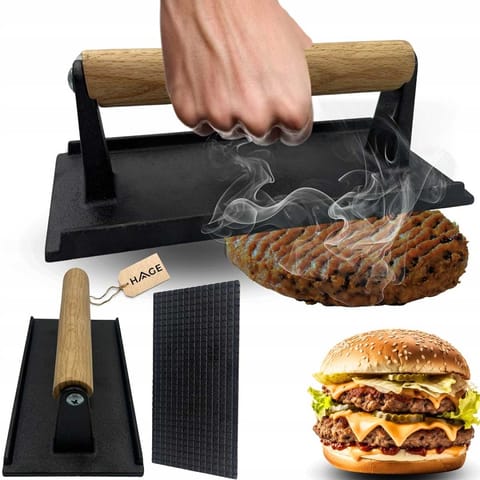 ⁨ŻELIWNA PRASKA 20x10cm DO GRILLOWANIA BURGERÓW STEKÓW MIĘSA HAGE⁩ w sklepie Wasserman.eu