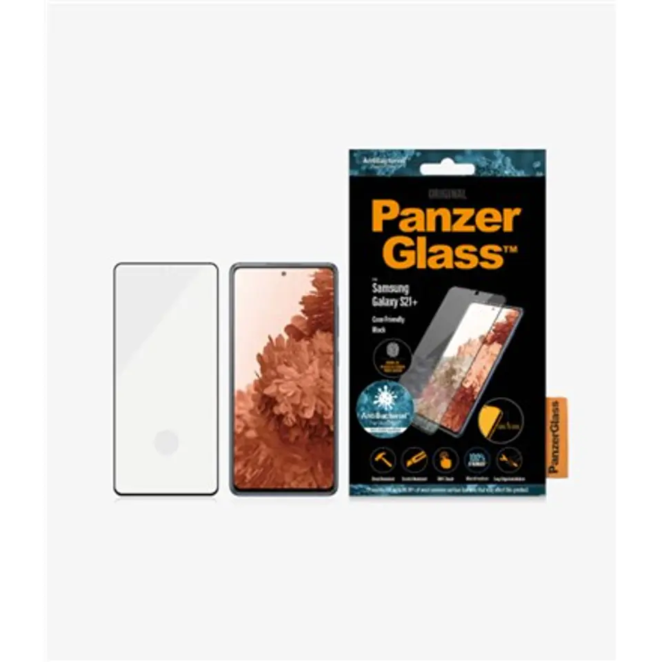 ⁨PanzerGlass Samsung, Galaxy S21+ Series, Antibacterial glass, Black, Antifingerprint screen protector, Case Friendly, Compatible⁩ at Wasserman.eu