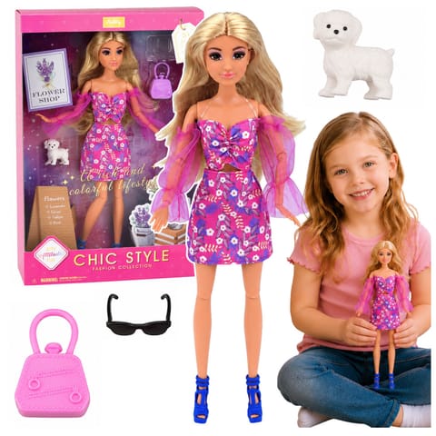⁨Lalka Anlily Fashion w Różowej Sukience Piesek Biały Torebka Okulary Zestaw⁩ w sklepie Wasserman.eu