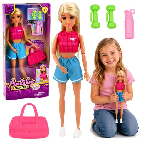 ⁨Lalka Anlily w Stroju Sportowym Hantle Torba Bidon Akcesoria Zestaw⁩ w sklepie Wasserman.eu
