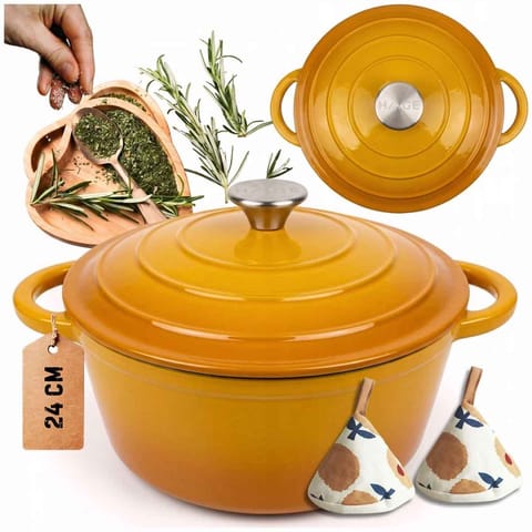 ⁨EMALIOWANY GARNEK ŻELIWNY 24cm 4L HAGE MUSZTARDOWY⁩ w sklepie Wasserman.eu