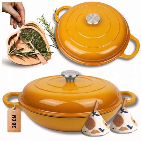 ⁨EMALIOWANY GARNEK ŻELIWNY PŁASKI 30cm 3L HAGE MUSZTARDOWY⁩ w sklepie Wasserman.eu