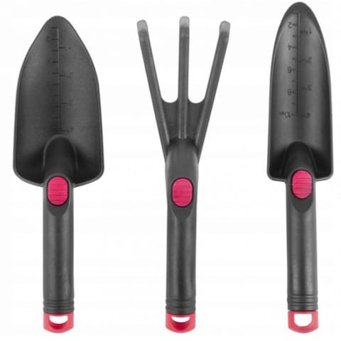 ⁨Zestaw narzędzi ogrodniczych, plastikowy, 3-częściowy, kultywator, łopatka szeroka 80x275 mm, łopatka wąska z miarką 60x300 mm⁩ w sklepie Wasserman.eu