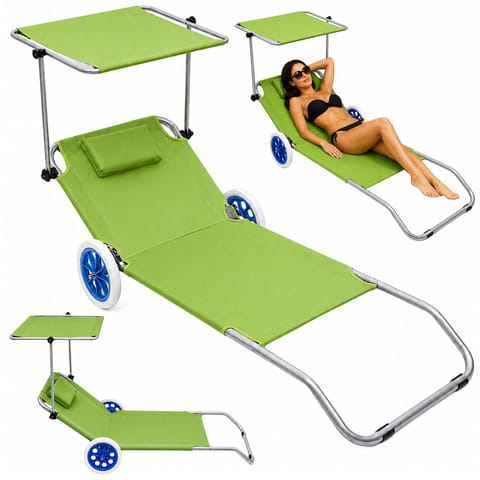 ⁨Leżak Plażowy Na Kółkach Ogrodowy Składany Z Daszkiem Aluminiowy Zielony⁩ w sklepie Wasserman.eu