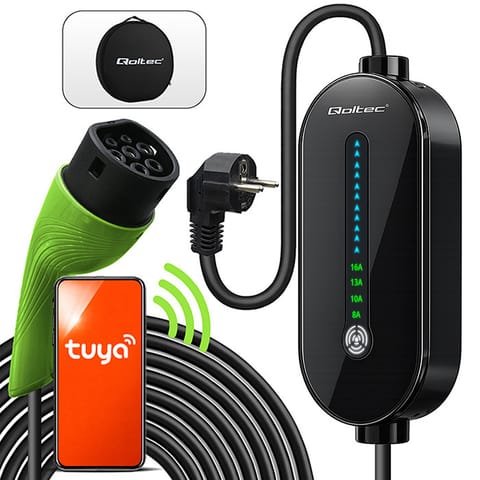 ⁨Qoltec Mobilna ładowarka do samochodu elektrycznego EV i hybryd z regulacją 2w1 Typ2 | 3.5kW | 230V | SCHUKO 16A | Wi-fi | TUYA | LED |  5m⁩ w sklepie Wasserman.eu
