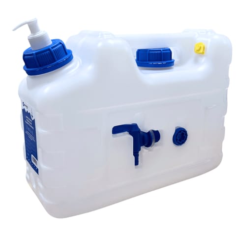 ⁨Kanister na wodę 3w1 z kranikiem i umywalką, transparentny HDPE, 10L⁩ w sklepie Wasserman.eu