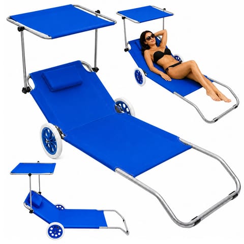 ⁨Leżak Plażowy Na Kółkach Ogrodowy Składany Z Daszkiem Aluminiowy Niebieski⁩ w sklepie Wasserman.eu