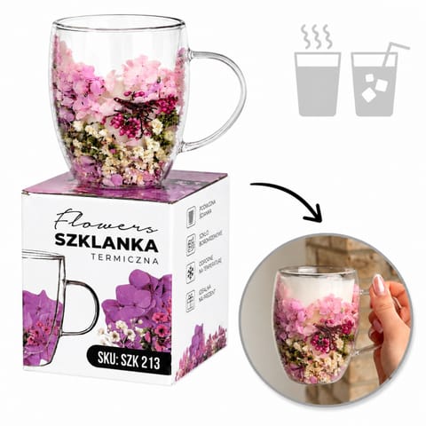 ⁨Szklanka termiczna z kwiatami w środku, wrzos, różowa hortensja 300 ml 1szt SZK213⁩ w sklepie Wasserman.eu