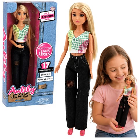 ⁨Lalka Modowa Anlily w Ciemnych Jeansach Kolorowy Top Blond Włosy⁩ w sklepie Wasserman.eu