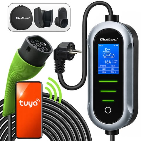 ⁨Qoltec Mobilna ładowarka do samochodu elektrycznego EV i hybryd z regulacją 2w1 Typ2 | 3.5kW | 230V | SCHUKO 16A | Wi-fi | TUYA | Smart Life | LCD | Przenośna | 5m⁩ w sklepie Wasserman.eu