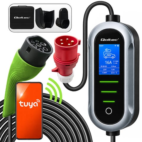 ⁨Qoltec Mobilna ładowarka do samochodu elektrycznego EV i hybryd z regulacją 2w1 Typ2 | 22kW | 400V | CEE 32A | Wi-fi | TUYA | SMART LIFE | LCD | Przenośna | Wallbox | 7m⁩ w sklepie Wasserman.eu