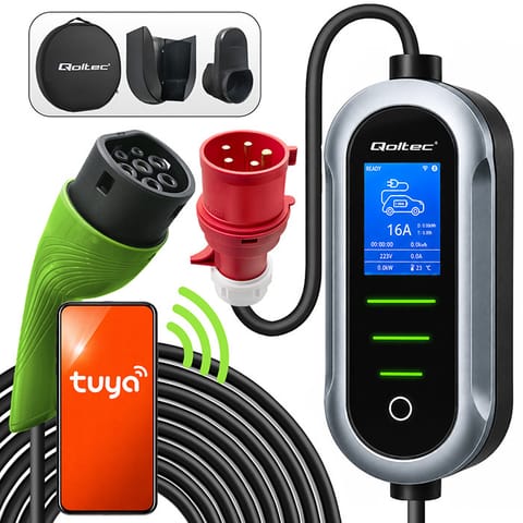 ⁨Qoltec Mobilna ładowarka do samochodu elektrycznego EV i hybryd z regulacją 2w1 Typ2 | 11kW | 400V | CEE 32A | Wi-fi | TUYA | SMART LIFE | LCD | Przenośna | Wallbox | 5m⁩ w sklepie Wasserman.eu