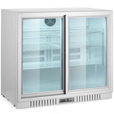 ⁨Lodówka chłodziarka barowa z 2 drzwiami suwanymi LED 150 l 160 W 90x52x84 cm - srebrna⁩ w sklepie Wasserman.eu
