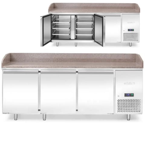 ⁨Stół chłodniczy do pizzy z granitowym blatem rantem 3-drzwiowy 375 l 400 W 201x80x88 cm⁩ w sklepie Wasserman.eu