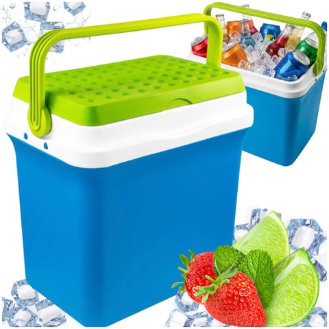 ⁨Lodówka turystyczna 29,5L KAMAI FIESTA na wkłady mrożące, błękitna z zieloną pokrywą i uchwytem⁩ w sklepie Wasserman.eu