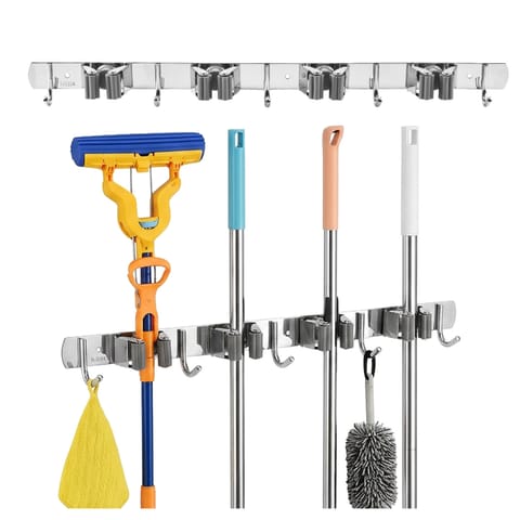 ⁨Ścienny organizer na narzędzia ogrodowe oraz mopy Maclean, stalowy , z haczykami, max. obciążenie 20kg, szerokość 49cm, MC-184⁩ w sklepie Wasserman.eu
