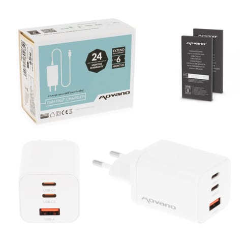 ⁨Ładowarka Movano GaN 65W 2x USB-C PD + USB-A (white)⁩ w sklepie Wasserman.eu