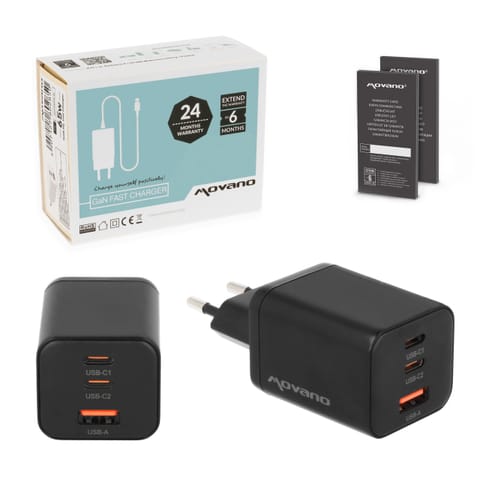 ⁨Ładowarka Movano GaN 65W 2x USB-C PD + USB-A (black)⁩ w sklepie Wasserman.eu