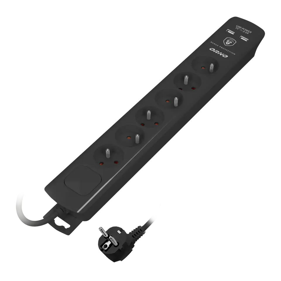 ⁨Surge protector, 6 sockets 2P+Z, cable 3x1,0mm?, length 3m, black, 10A/230 VAC, with surge protector - type 3, charger 2xUSB 2,1A.⁩ at Wasserman.eu