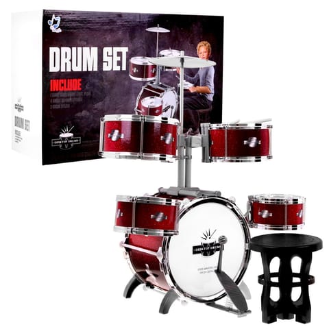 ⁨5-bębnowa Perkusja dla dzieci 5+ Instrument muzyczny Stołek + Talerz + 2 Pałeczki 9 el.⁩ w sklepie Wasserman.eu