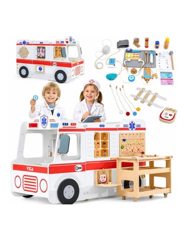 ⁨VIGA Duży Drewniany Ambulans Zestaw Karetka Małych Ratowników Akcesoria 25 el.⁩ w sklepie Wasserman.eu
