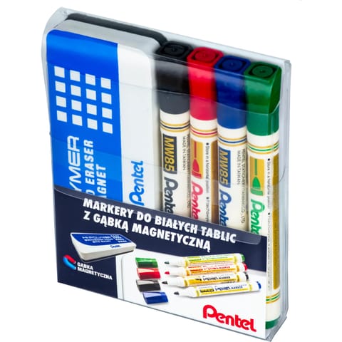 ⁨Markery do tablic MW85-ST4ABCDPL 4szt. z gąbką PENTEL⁩ w sklepie Wasserman.eu