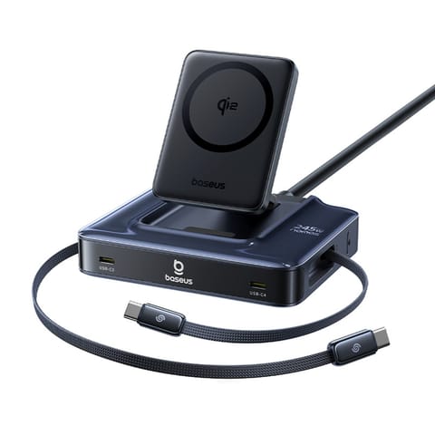 ⁨Stacja ładująca bezprzewodowa 6w1 ze zwijanymi kablami USB-C 245W - czarna⁩ w sklepie Wasserman.eu