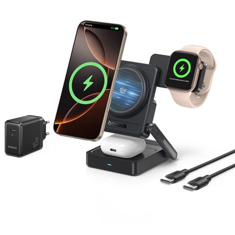 ⁨Ładowarka bezprzewodowa 3w1 Qi2.2 35W z zasilaczem EU 45W i kablem USB-C 1m - czarna⁩ w sklepie Wasserman.eu