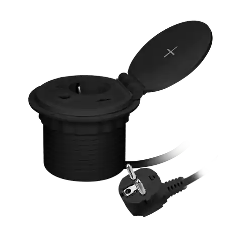 ⁨Gniazdo meblowe ?8cm wpuszczane w blat z ładowarką indukcyjną, ładowarką USB z 2 gniazdami A i C, przelotką kablową z przewodem 1,8m, 1x2P+Z (Schuko), 2xUSB 2,4A 5V, czarne⁩ w sklepie Wasserman.eu
