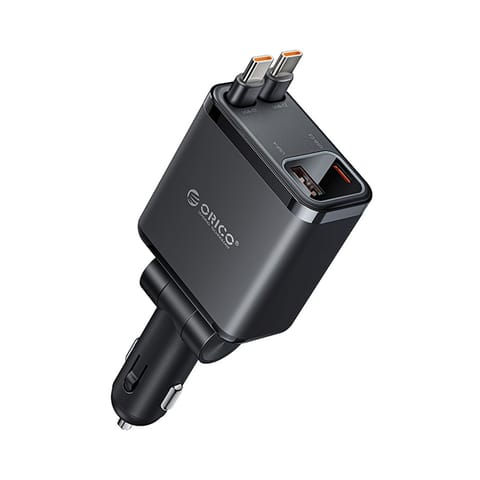 ⁨Ładowarka samochodowa USB-A USB-C 45W ze zwijanymi kablami USB-C - czarna⁩ w sklepie Wasserman.eu